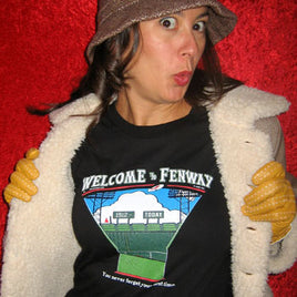 Woman wearing Red Sox Fenway Park Welcome shirt design looking down the tunnel to the field