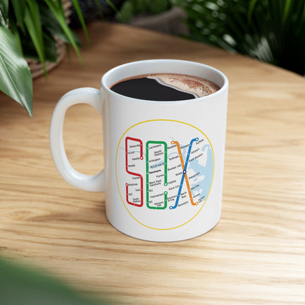 white mug with design of the boston MBTA map in the shape of the word SOX