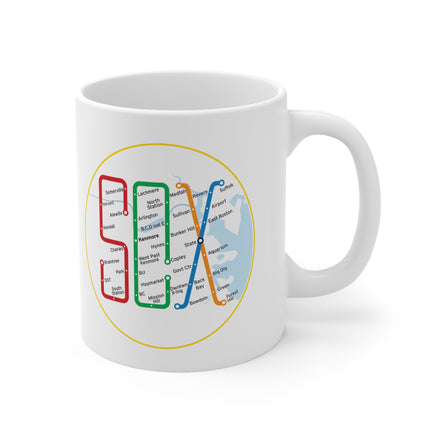 white mug with design of the boston MBTA map in the shape of the word SOX