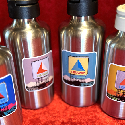 4 2.5 weatherproof square stickers of Boston Citgo Sign in blue, light blue, yellow and pink, on metal water bottles