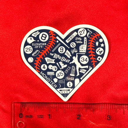 photo of medium heart shaped stickers made up of important symbols for the boston red sox with ruler