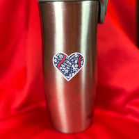 photo of medium heart shaped stickers made up of important symbols for the boston red sox on a metal bottle