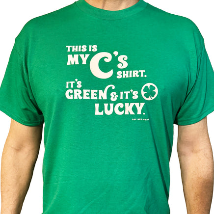 photo of man wearing green unisex t-shirt from the red seat with white text that says this is my celtics shirt. its green and its lucky on the front.