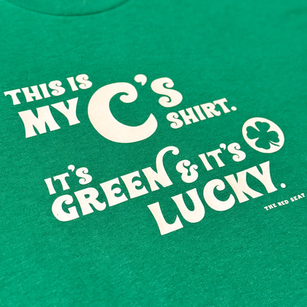 photo of green unisex t-shirt from the red seat with white text that says this is my celtics shirt. its green and its lucky on the front.