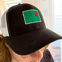 photograph of a man wearing a black trucker with white mesh with fenway park's red seat on a green background