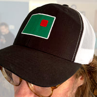 photograph of a man wearing a black trucker with white mesh with fenway park's red seat on a green background