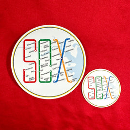 2" and 4" round sticker of design of the boston MBTA map in the shape of the word SOX