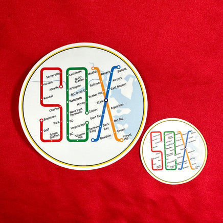 2" and 4" round sticker of design of the boston MBTA map in the shape of the word SOX