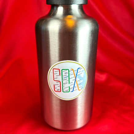 metal water bottle with round sticker of design of the boston MBTA map in the shape of the word SOX