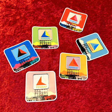 6 2.5 in weatherproof square stickers of Boston Citgo Sign in blue, light blue, yellow, blue, green and pink