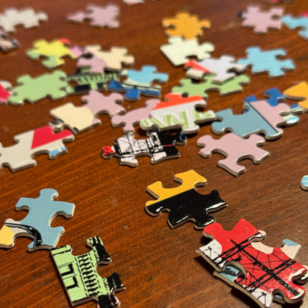 close up photo of a puzzle with 6 boston fenway park citgo sign designs in the style of andy warhol