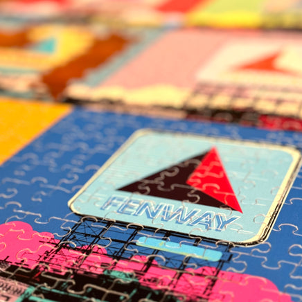 close up photo of a puzzle with 6 boston fenway park citgo sign designs in the style of andy warhol