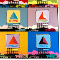 close up of print design of boston citgo sign design in colorful 6 up grid in the style of andy warhol.