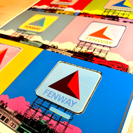 close up of print design of boston citgo sign design in colorful 6 up grid in the style of andy warhol.