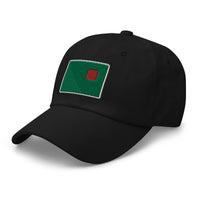 photo of a black baseball cap with fenway park's red seat embroidered on the front in green and red.