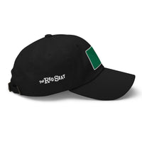 photo of a side view of a black baseball cap with fenway park's red seat embroidered on the front in green and red.