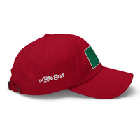 photo of a side view of a red baseball cap with fenway park's red seat embroidered on the front in green and red.