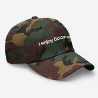 sideview of camo baseball cap with "i enjoy boston sports" embroidered in white helvetica font