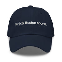 navy baseball cap with "i enjoy boston sports" embroidered in white helvetica font