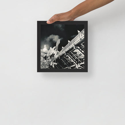 Black and white fine art photograph of the back of fenway park green monster nighttime in black frame