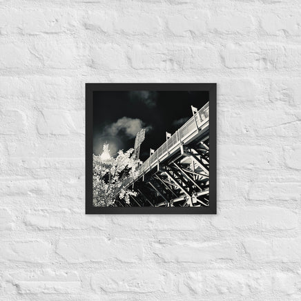 Black and white fine art photograph of the back of fenway park green monster nighttime in black frame
