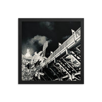 Black and white fine art photograph of the back of fenway park green monster nighttime in black frame