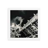 Black and white fine art photograph of the back of fenway park green monster nighttime in white frame