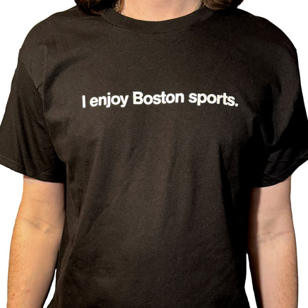 photo of a black unisex t-shirt with the words i enjoy boston sports in white text