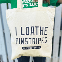 tan canvas tote bag with the red sox phrase i loathe pinstripes by the red seat