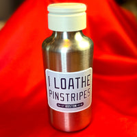 photo of waterproof vinyl sticker of I Loathe Pinstripes-The Red Seat grey design with boston world series wins Yankees Suck on metal water bottle