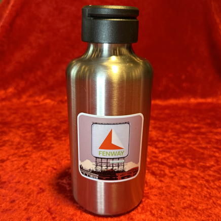 2.5 in weatherproof square sticker of Boston Citgo Sign with pink background on a metal water bottle