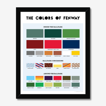 Black framed Print with palette of colors found inside and around boston red sox fenway park, on the wall