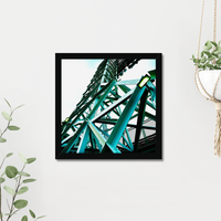 photograph of a boston red sox fenway park light tower looking up with green metal and a light sky, on a wall in a black frame