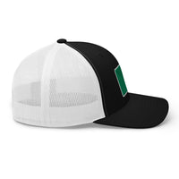 photograph of a black trucker with white mesh with fenway park's red seat on a green background