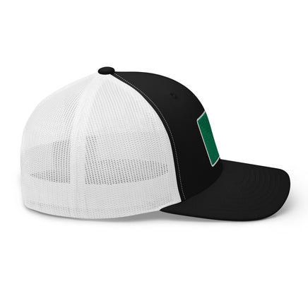 photograph of a black trucker with white mesh with fenway park's red seat on a green background
