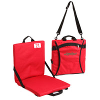 photo of red portable cushioned stadium seat with the number 21 and folded with the red seat logo in green