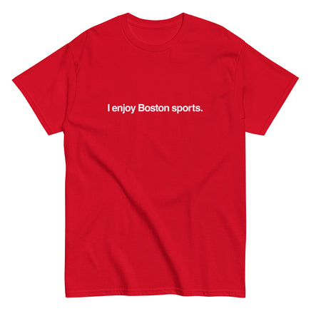 photo of a red unisex t-shirt with the words i enjoy boston sports in white text