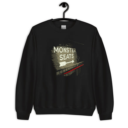 Monster Seats-The Red Seat Design with the words Monster Seats painted on a wall fenway park boston on black crewneck sweatshirt