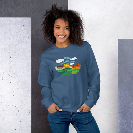 photo of woman wearing Middle 8-The Red Seat sweet caroline neil diamond fenway park design on blue crewneck sweatshirt