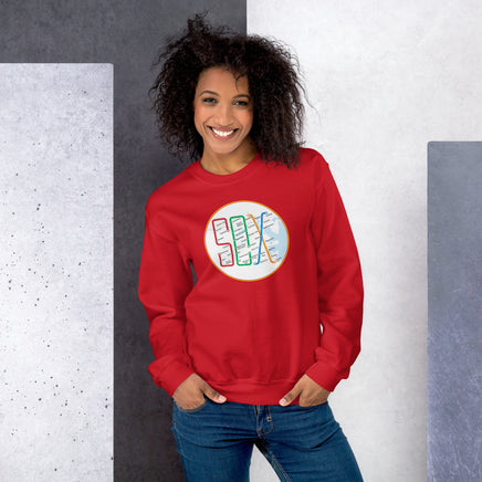 woman wearing Boston MBTA design as Red Sox stops using the word Sox, on red crewneck sweatshirt