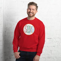 man wearing Boston MBTA design as Red Sox stops using the word Sox, on red crewneck sweatshirt