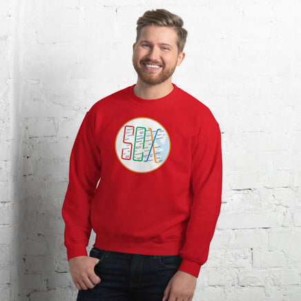 man wearing Boston MBTA design as Red Sox stops using the word Sox, on red crewneck sweatshirt