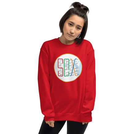 woman wearing Boston MBTA design as Red Sox stops using the word Sox, on red crewneck sweatshirt