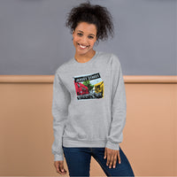 photo of woman wearing light grey unisex crewneck sweatshirt with boston red sox fenway park jersey street gate a design with blocks of color
