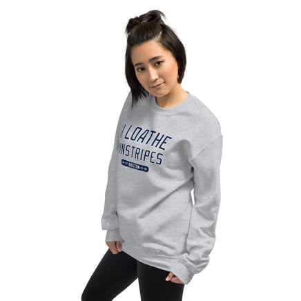 photo of woman wearing I Loathe Pinstripes-The Red Seat grey sweatshirt with boston red sox world series wins