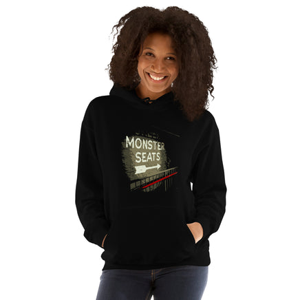 photo of woman wearing Monster Seats The Red Seat Design with the words Monster Seats painted on a wall fenway park boston black hoodie sweatshirt