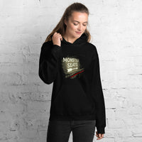 photo of woman wearing Monster Seats The Red Seat Design with the words Monster Seats painted on a wall fenway park boston black hoodie sweatshirt