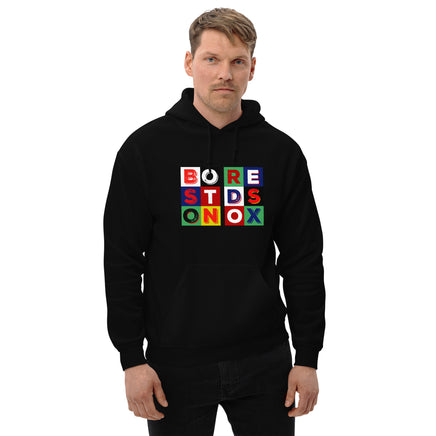 photo of man wearing BORESTDSONOX in color blocks boston red sox the red seat black hoodie
