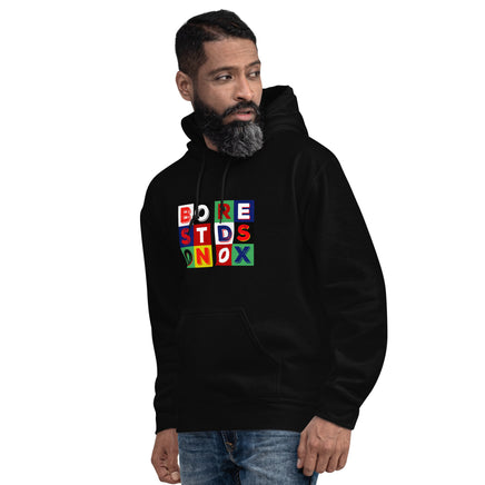 photo of man wearing BORESTDSONOX in color blocks boston red sox the red seat black hoodie