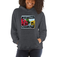 photo of woman wearing dark grey unisex hoodie sweatshirt with boston red sox fenway park jersey street gate a design with blocks of color
